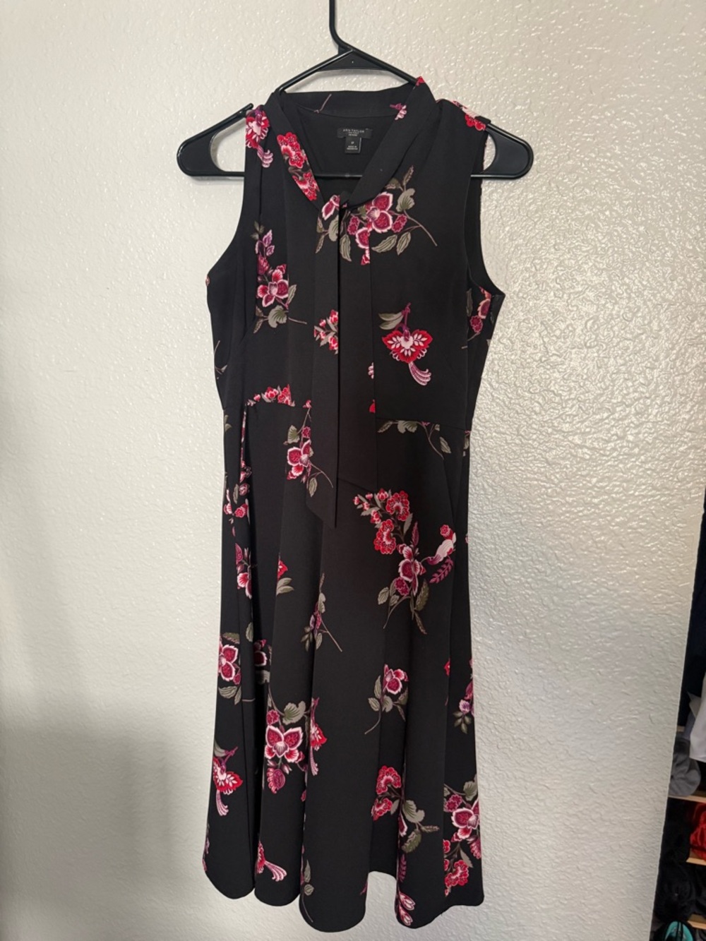 Ann Taylor Black Midi Dress with Pink Floral Print